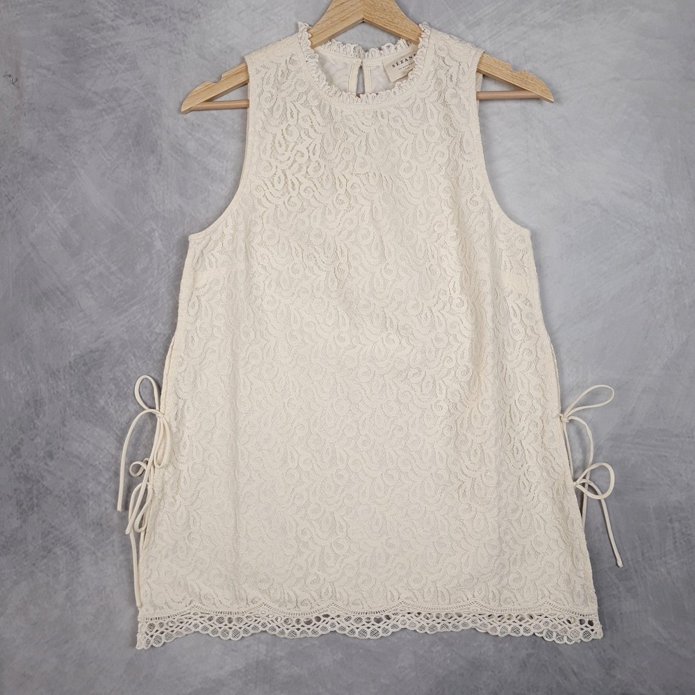Sezane Lace Tunic Top Womens 36 US 4 Cream Side Tie Sleeveless Romantic Boho